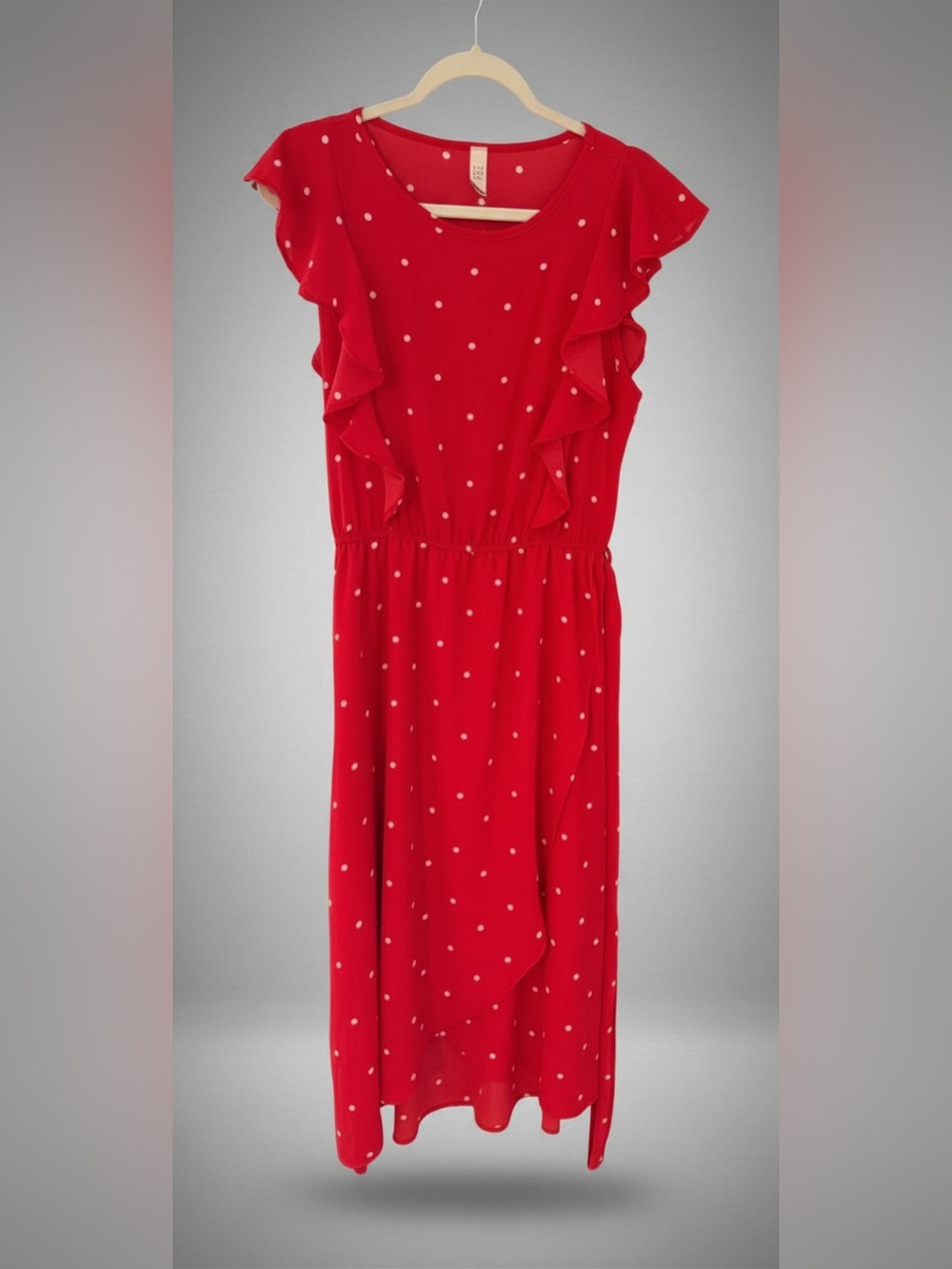 Red Polka Dot Ruffle Midi Dress - Women's Effortless Day-to-Evening Style - Picture 4 of 14